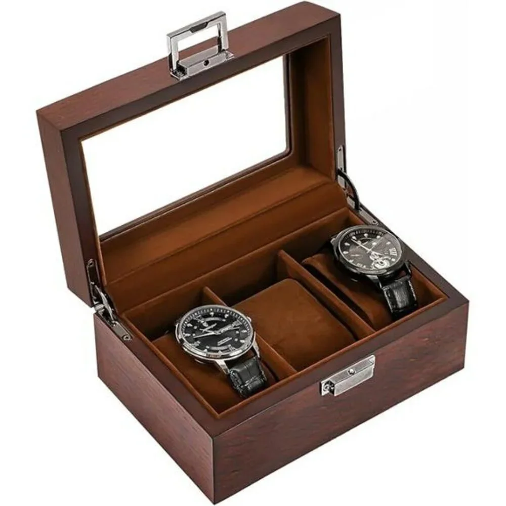 Wood Watch Box for Men 3 Slot Display Case with Glass Lid Organizer Storage